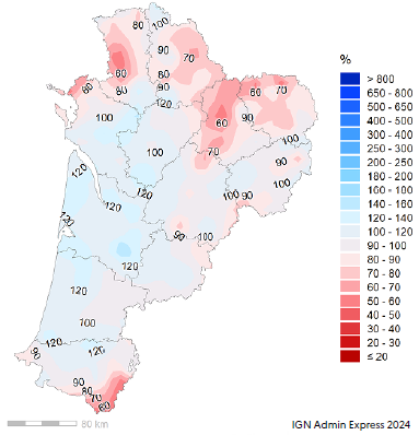 Pluviom&eacute;trie sous les normales sur le quart nord-est et l'extr&ecirc;me sud-est, au dessus des normales partout ailleurs.