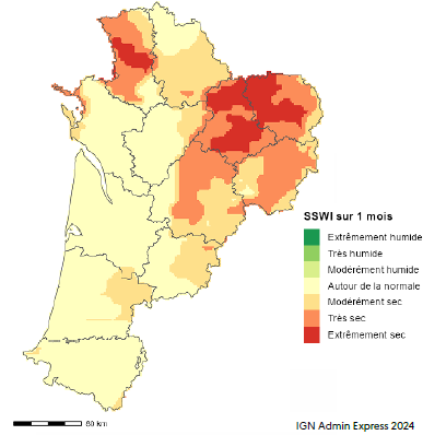 Sols tr&egrave;s secs voire extr&ecirc;mement secs en ex-Limousin et dans les Deux-S&egrave;vres, autour de la normale partout ailleurs.