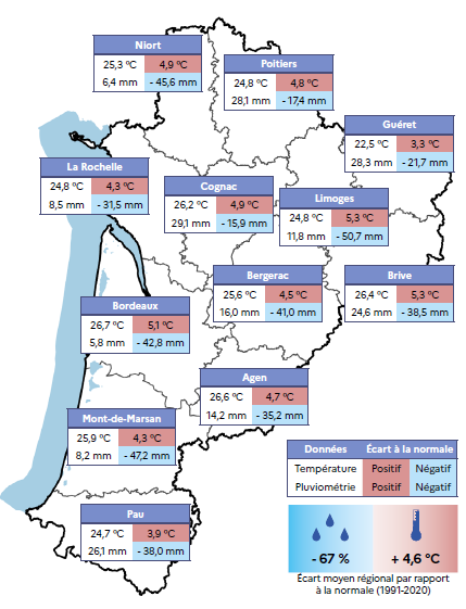 carte pr&eacute;sentant les donn&eacute;es temp&eacute;ratures et pluviom&eacute;trie du mois pour les 12 principales stations de la r&eacute;gion.