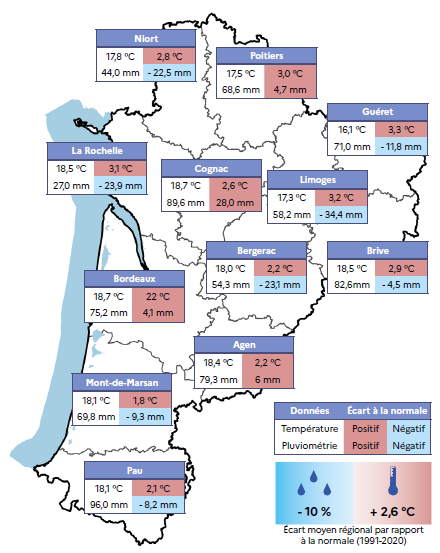 Carte repr&eacute;sentant les donn&eacute;es de temp&eacute;rature et de pluviom&eacute;trie du mois pour les 12 stations de la r&eacute;gion.