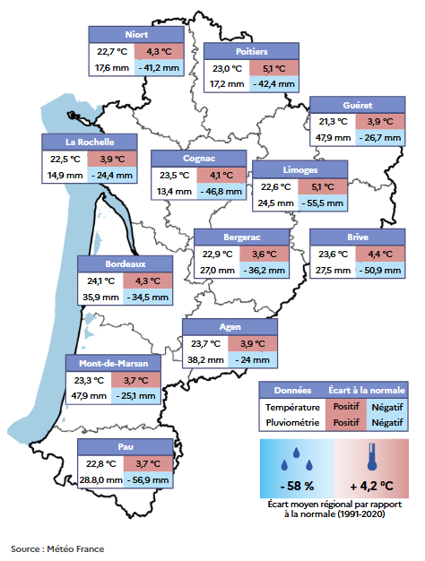 Carte repr&eacute;sentant les donn&eacute;es de temp&eacute;rature et de pluviom&eacute;trie du mois pour les 12 stations de la r&eacute;gion