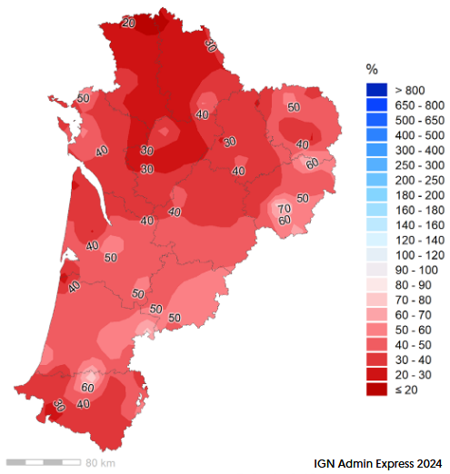 Pluviom&eacute;trie sous les normales sur le quart nord-est et l'extr&ecirc;me sud-est, au dessus des normales partout ailleurs.