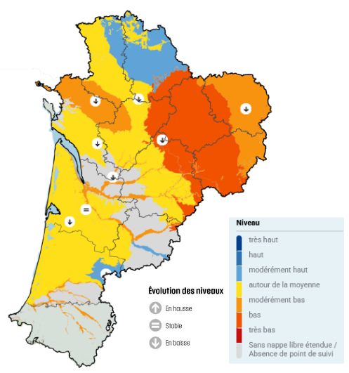 Niveau des nappes en baisse g&eacute;n&eacute;rale, mod&eacute;r&eacute;ment bas dans l'ex-Limousin et dans le nord de la Charente-Maritime, autour de la normale voire mod&eacute;r&eacute;ment haut partout ailleurs.