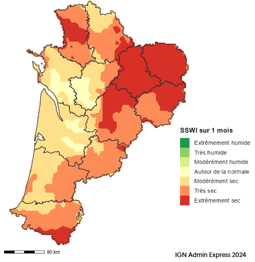 Sols tr&egrave;s secs voire extr&ecirc;mement secs en ex-Limousin et dans les Deux-S&egrave;vres, autour de la normale partout ailleurs.